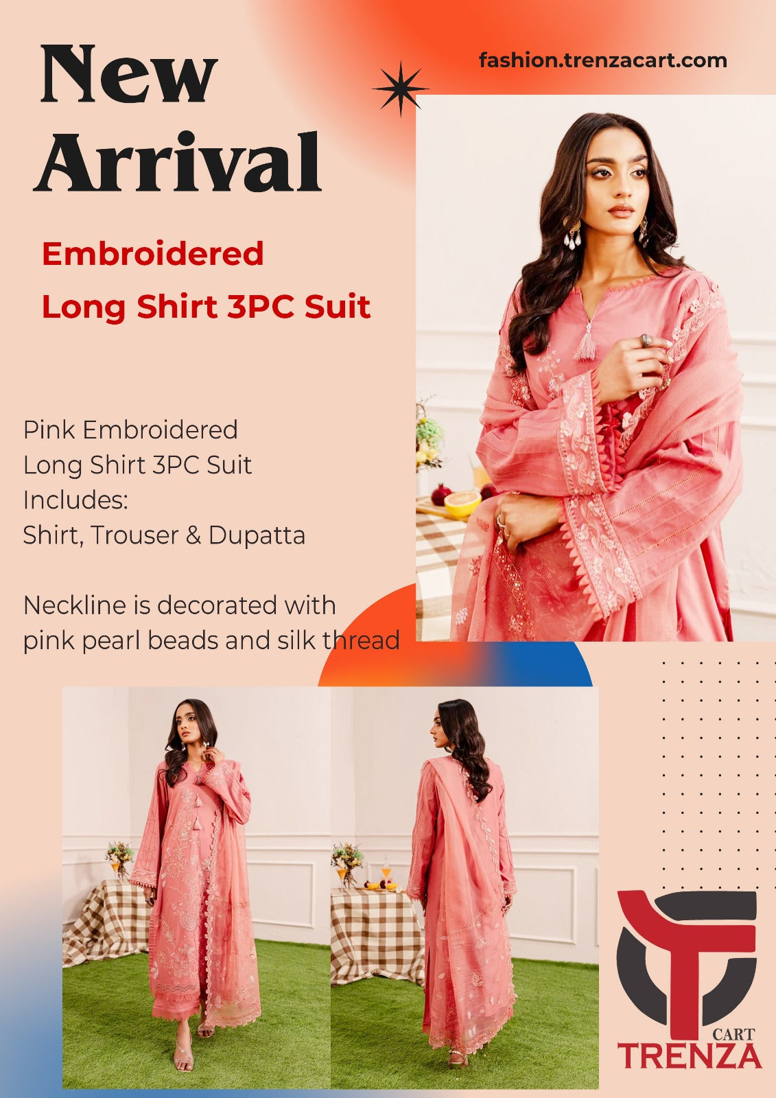Nureh Pink Embroidered Long Shirt 3PC Suit