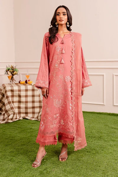 Nureh Pink Embroidered Long Shirt 3PC Suit