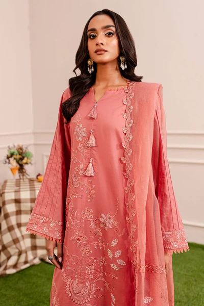 Nureh Pink Embroidered Long Shirt 3PC Suit