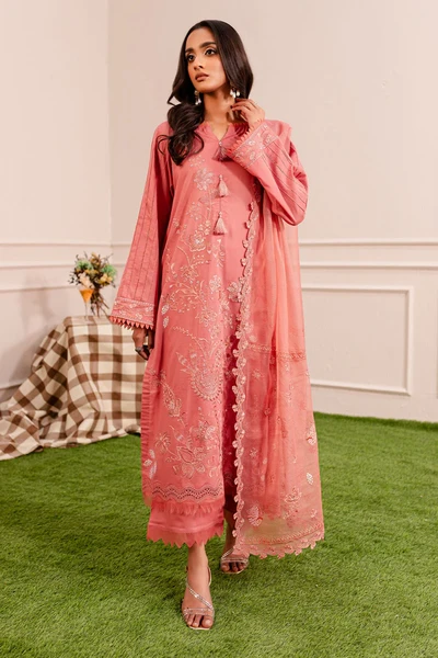 Nureh Pink Embroidered Long Shirt 3PC Suit