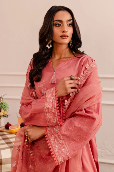 Nureh Pink Embroidered Long Shirt 3PC Suit