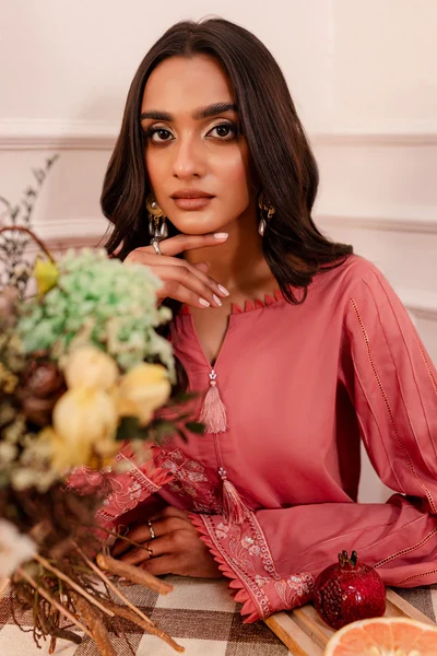 Nureh Pink Embroidered Long Shirt 3PC Suit